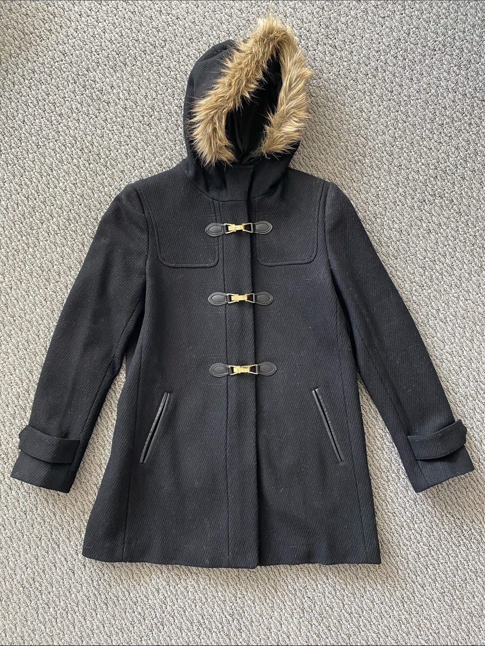 Cole Haan Black Wool-blend Hooded Toggle Coat with Faux Fur Trim